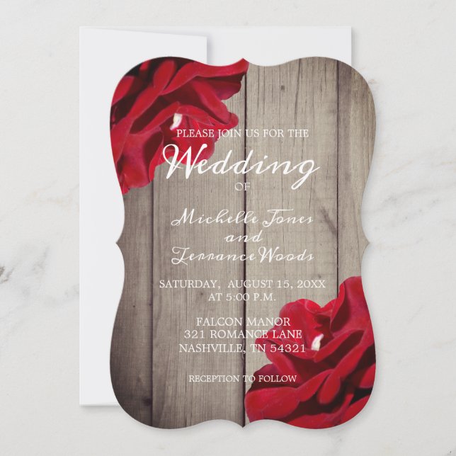 Rustic Wood Burgundy Red Floral Minimal Wedding Invitation (Front)
