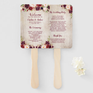 Rustic Wood Burgundy Red Floral Wedding Program Hand Fan