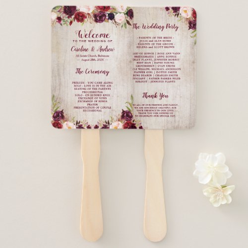 Rustic Wood Burgundy Red Floral Wedding Program Hand Fan