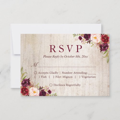 Rustic Wood Burgundy Red Floral Wedding RSVP - Rustic Wood Burgundy Red Floral Wedding RSVP Card.  
(1) For further customization, please click the "customize further" link and use our design tool to modify this template. 
(2) If you prefer Thicker papers / Matte Finish, you may consider to choose the Matte Paper Type. 
(3) If you need help or matching items, please contact me.