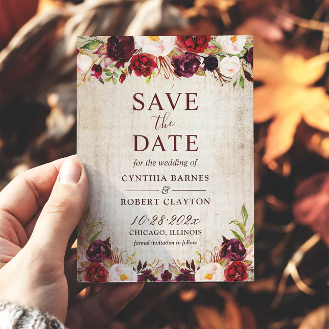 Rustic Wood Burgundy Red Floral Wedding Save The Date | Zazzle