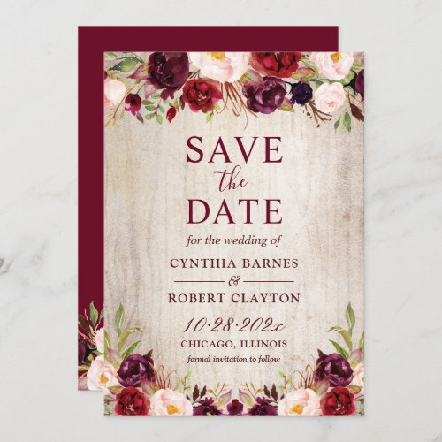 Rustic Wood Burgundy Red Floral Wedding Save The Date - Rustic Wood Burgundy Red Floral Wedding the Date Card. 
(1) For further customization, please click the "customize further" link and use our design tool to modify this template. 
(2) If you prefer Thicker papers / Matte Finish, you may consider to choose the Matte Paper Type.