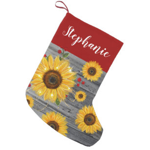 Rustic Wood Burgundy Red Gold Sunflower Name Small Christmas Stocking