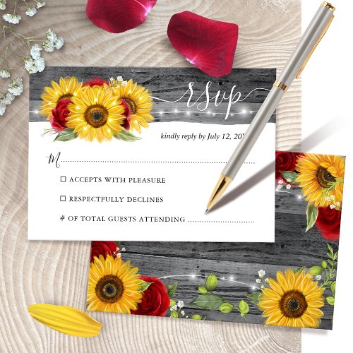 Rustic Wood Burgundy Red Rose Sunflower Wedding RSVP Card