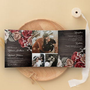 Rustic Wood Burgundy Red Roses Photo Wedding Tri-Fold Invitation