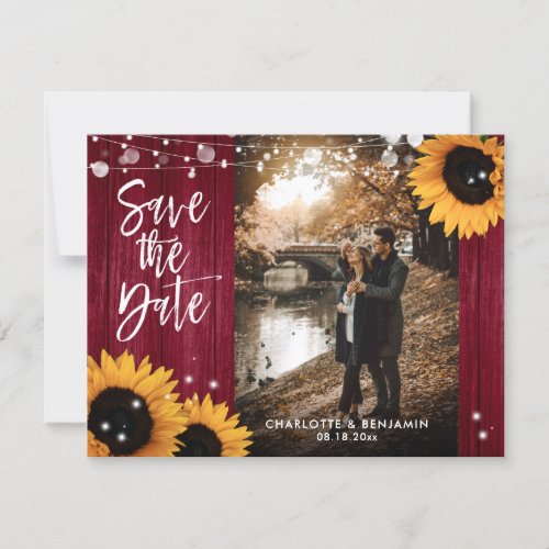 Rustic Wood Burgundy Red Sunflower Wedding Photo Save The Date