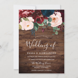Rustic Wood Burgundy Red Wine Blush Wedding Invitation