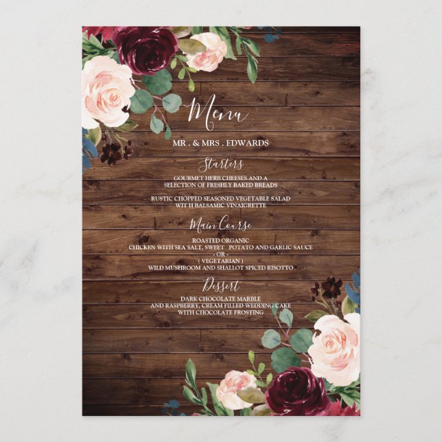 Rustic Wood Burgundy Red Wine Flowers Wedding Menu (Front)