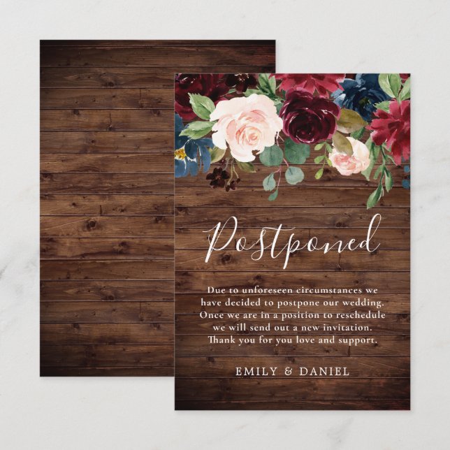 Rustic Wood Burgundy Red Wine Postponed Wedding Invitation (Front/Back)