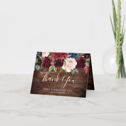 Rustic Wood Burgundy Red Wine Wedding Thank You Card