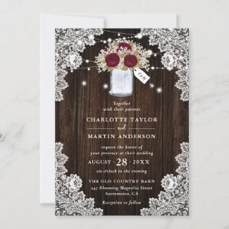 Rustic Wood Burgundy Rose Baby's Breath Wedding Invitation