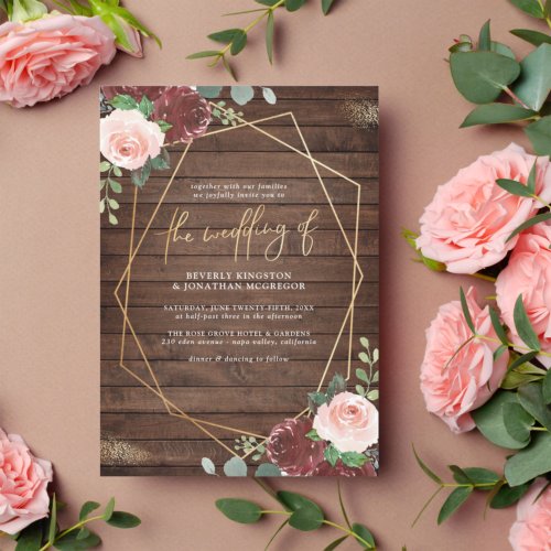 Rustic Wood Burgundy Roses Gold Geometric Wedding Invitation
