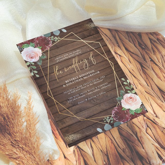 Rustic Wood Burgundy Roses Gold Geometric Wedding Invitation (Creator Uploaded)