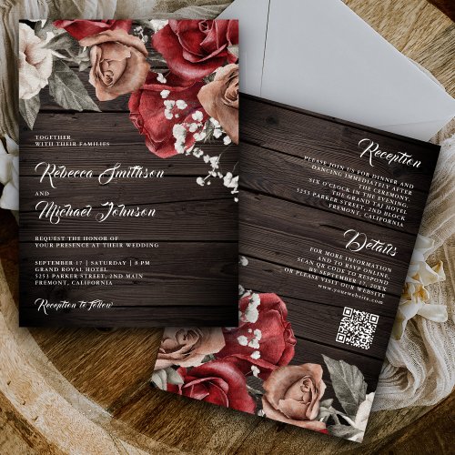 Rustic Wood Burgundy Roses QR Code Wedding Invitation