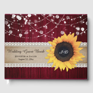 Rustic Wood Burgundy Sunflower Wedding Guest Book