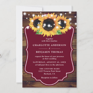 Rustic Wood Burgundy Sunflower Wedding Invitation