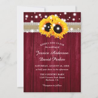 Rustic Wood Burgundy Sunflower Wedding Invitation