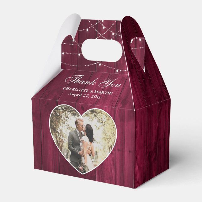 Rustic Wood Burgundy Wedding Photo Favor Boxes (Front Side)