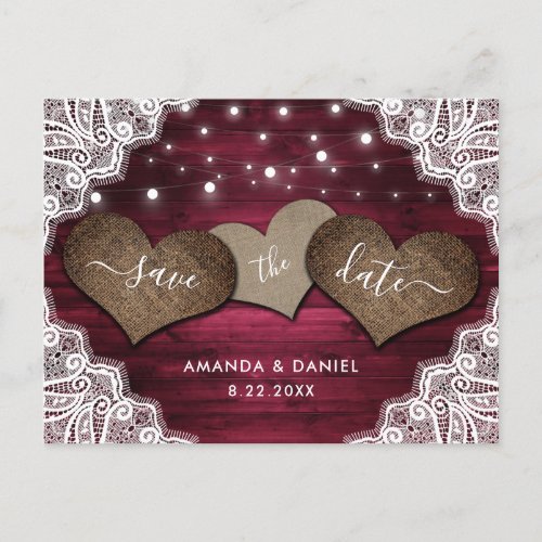 Rustic Wood Burgundy Wedding Save The Date Announcement Postcard