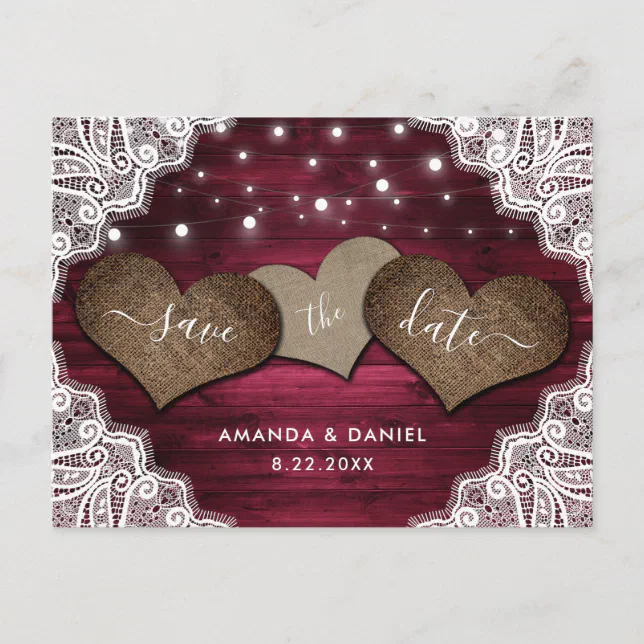 Rustic Wood Burgundy Wedding Save The Date Announcement Postcard | Zazzle