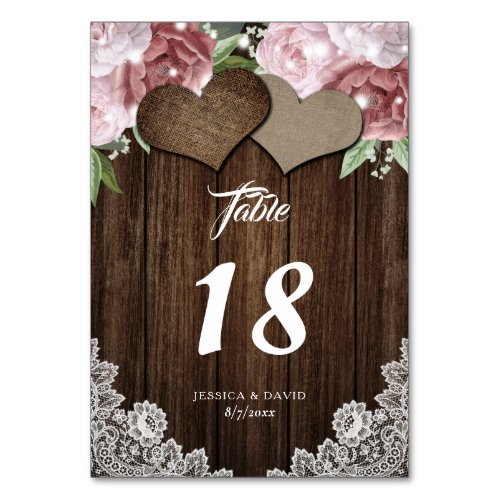 Rustic Wood Burlap and Lace Blush Pink Floral Table Number