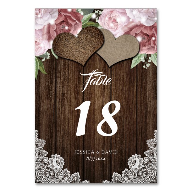 Rustic Wood Burlap and Lace Blush Pink Floral Table Number (Front)