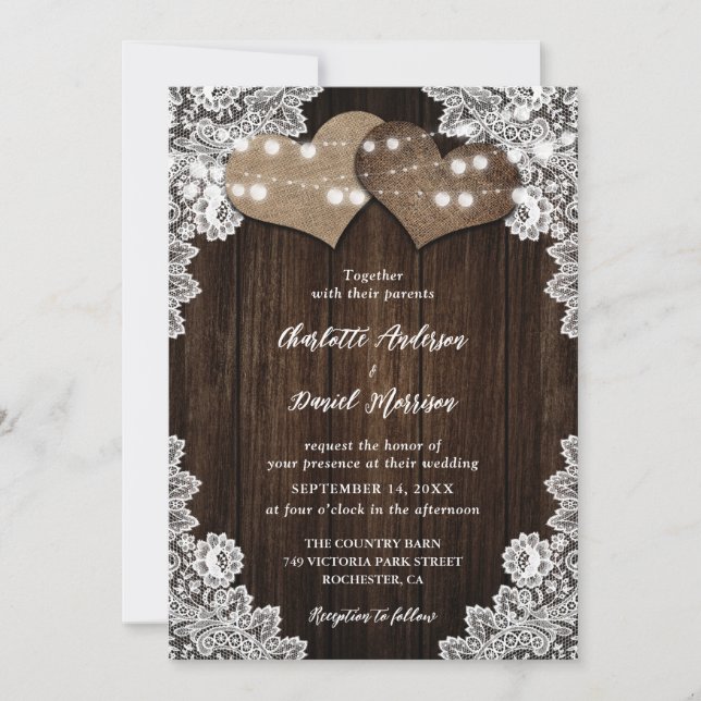 Rustic Wood Burlap and Lace String Lights Wedding Invitation (Front)