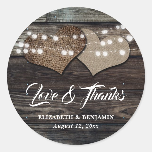 Rustic Wood Burlap and Lace Wedding Favor Stickers (Front)