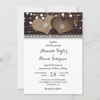 Rustic Wood Burlap and Lace Wedding Invitation