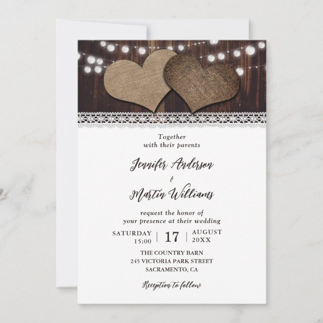 Rustic Wood Burlap and Lace Wedding Invitation (Front)