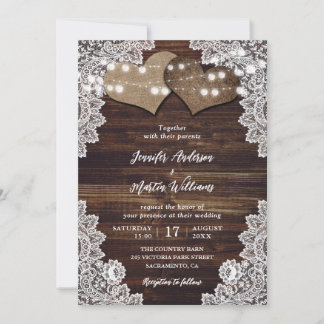 Rustic Wood Burlap and Lace Wedding Invitations