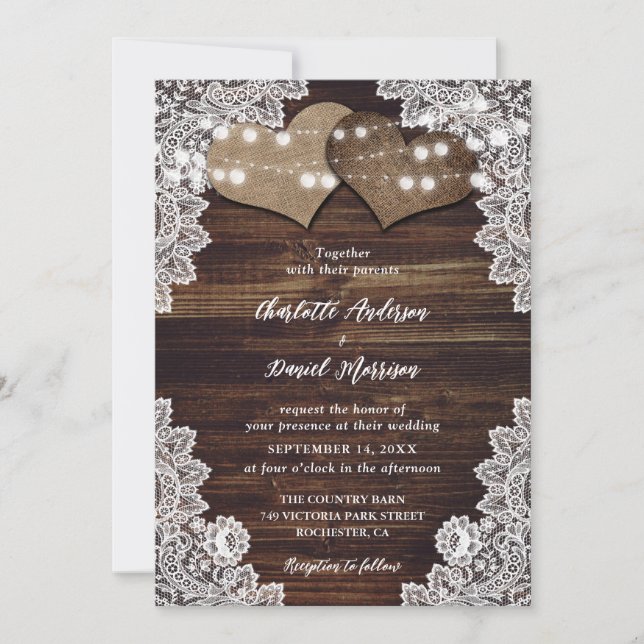 Rustic Wood Burlap and Lace Wedding Invitations (Front)