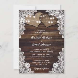 Rustic Wood Burlap and Lace Wedding Invitations