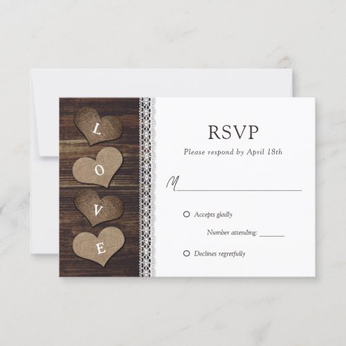 Rustic Wood Burlap and Lace Wedding RSVP Cards