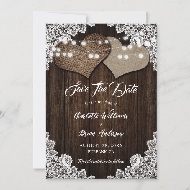 Rustic Wood Burlap and Lace Wedding Save The Date (Front)