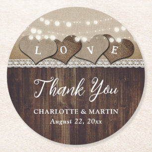 Rustic Wood Burlap and Lace Wedding Thank You Round Paper Coaster