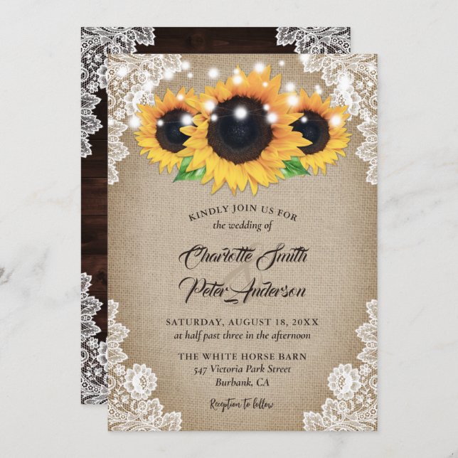 Rustic Wood Burlap Floral Lace Sunflower Wedding Invitation (Front/Back)