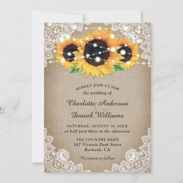 Rustic Wood Burlap Floral Lace Sunflower Wedding Invitation (Front)