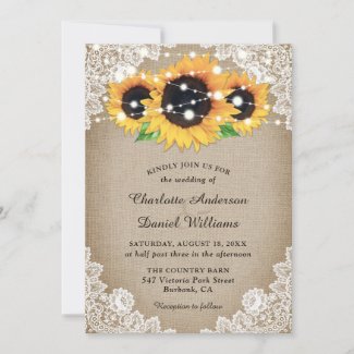 Rustic Wood Burlap Floral Lace Sunflower Wedding Invitation