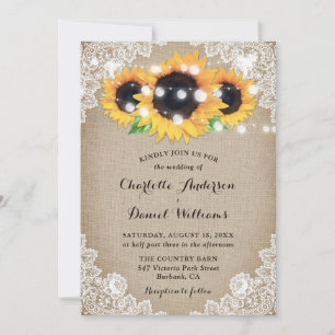 Rustic Wood Burlap Floral Lace Sunflower Wedding Invitation