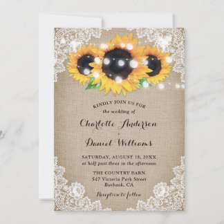 Rustic Wood Burlap Floral Lace Sunflower Wedding Invitation