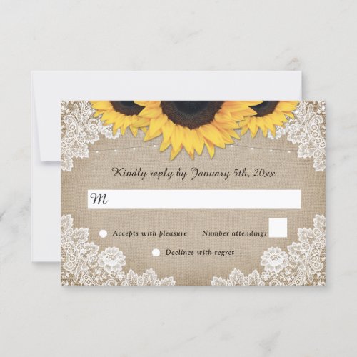 Rustic Wood Burlap Floral Lace Sunflower Wedding RSVP Card