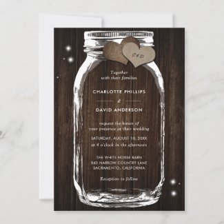 Rustic Wood Burlap Hearts Mason Jar Wedding Invitation