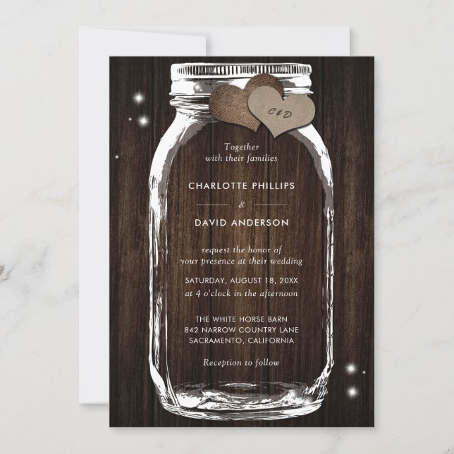 Rustic Wood Burlap Hearts Mason Jar Wedding Invitation (Front)