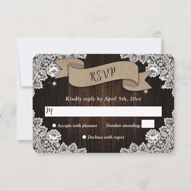 Rustic Wood Burlap Hearts Ribbon Lace Wedding RSVP Card (Front)