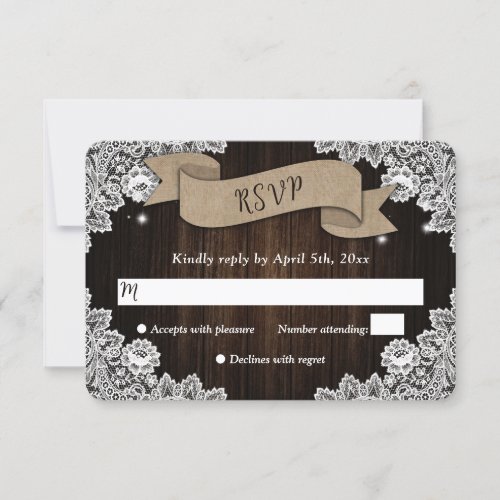 Rustic Wood Burlap Hearts Ribbon Lace Wedding RSVP Card