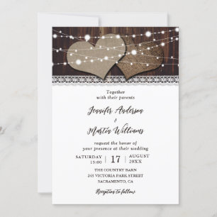 Rustic Wood Burlap Hearts String Lights Wedding Invitation