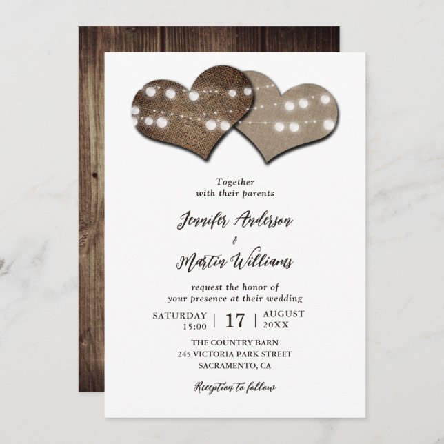 Rustic Wood Burlap Hearts Wedding Invitation (Front/Back)