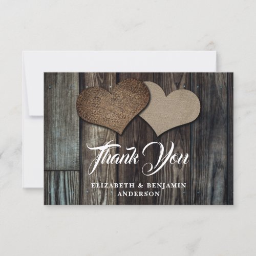 Rustic Wood Burlap Hearts Wedding Thank You Card