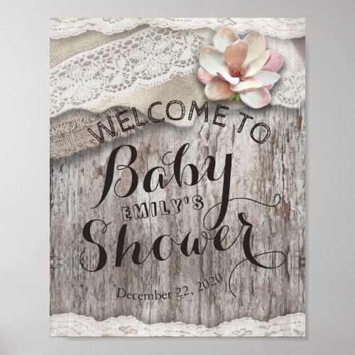 Rustic Wood Burlap Lace Baby Shower Welcome Sign